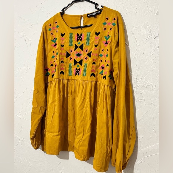 Rowdy Crowd Guadalupe Embroidered Mustard Yellow Aztec Print Blouse Sz XL - Picture 6 of 11